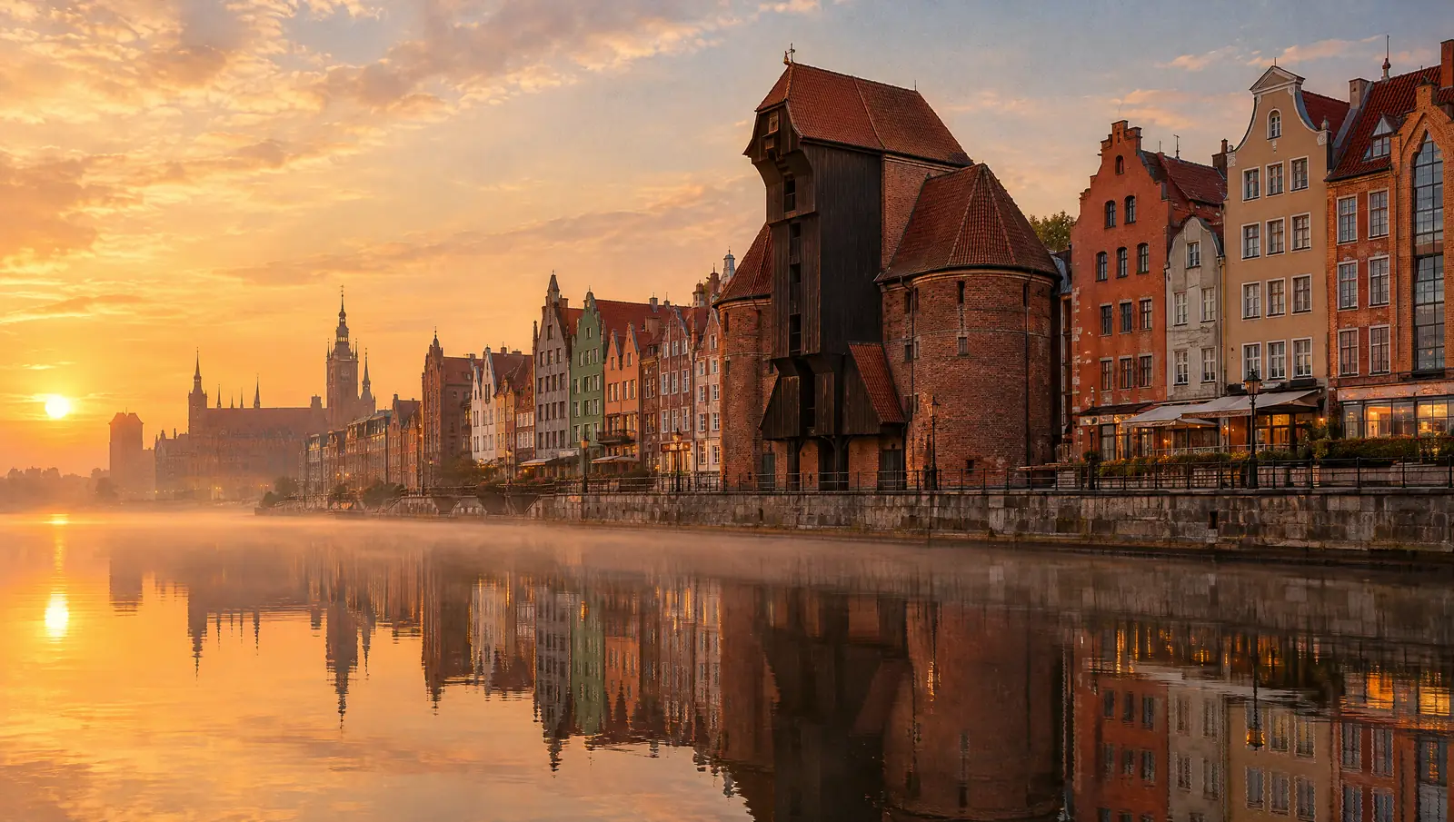 Nabrzeże Motławy w Gdańsku o świcie, z Żurawiem i kamienicami